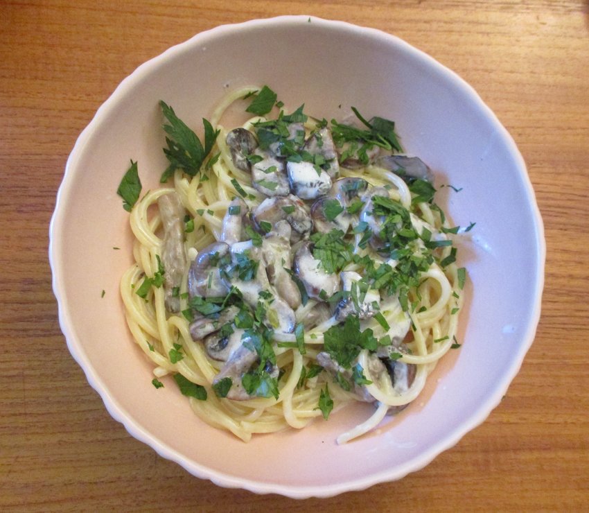 Creamy Parmesan sauce and mushrooms on papparadelle pasta.